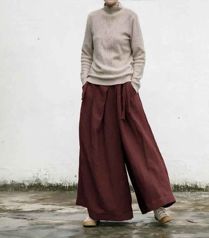 Versatile Bohemian Linen Culottes Mid-Waist Wide-Leg Pants-Women's pants-Thebesttailor-Thebesttailor