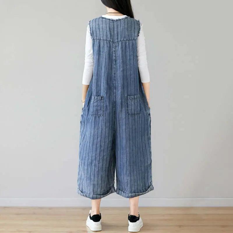 Denim Sleeveless Cropped Jumpsuit in Dark Blue Stripes for Women-Women's pants-Thebesttailor-Thebesttailor