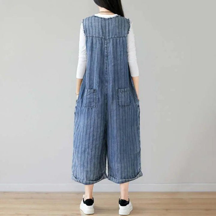 Denim Sleeveless Cropped Jumpsuit in Dark Blue Stripes for Women-Women's pants-Thebesttailor-Thebesttailor