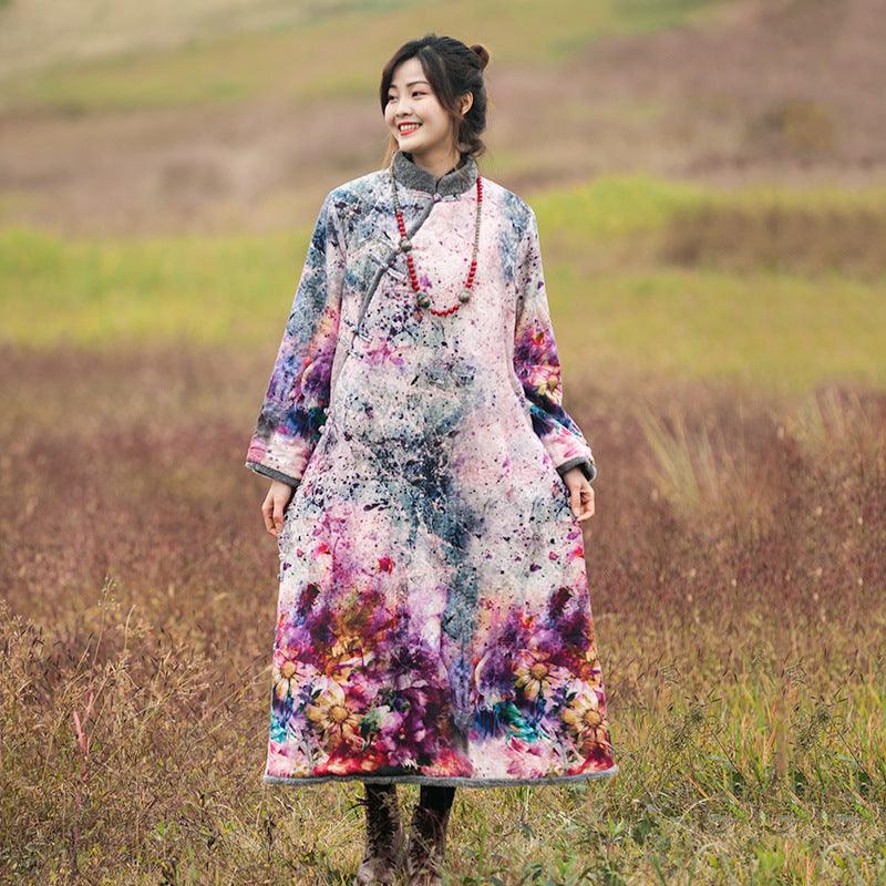 Ethnic Printed Velvet Lined Winter Robe and Maxi Dress-Women's coat-Thebesttailor-One size-Floral-Cotton-Thebesttailor