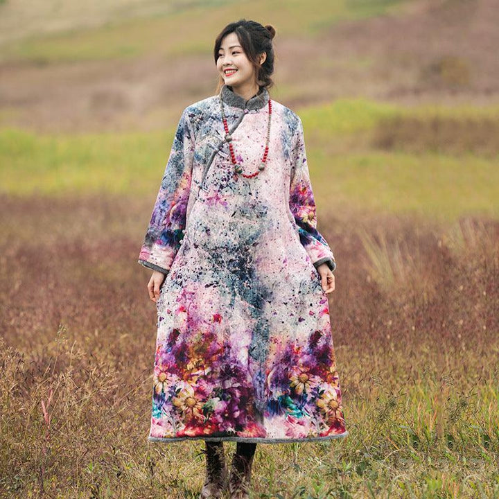 Ethnic Printed Velvet Lined Winter Robe and Maxi Dress-Women's coat-Thebesttailor-One size-Floral-Cotton-Thebesttailor
