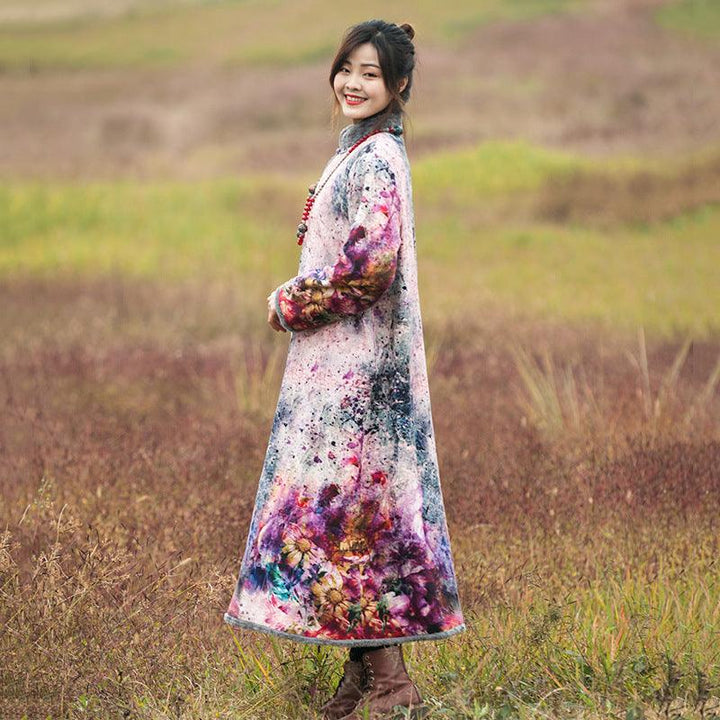 Ethnic Printed Velvet Lined Winter Robe and Maxi Dress-Women's coat-Thebesttailor-Thebesttailor