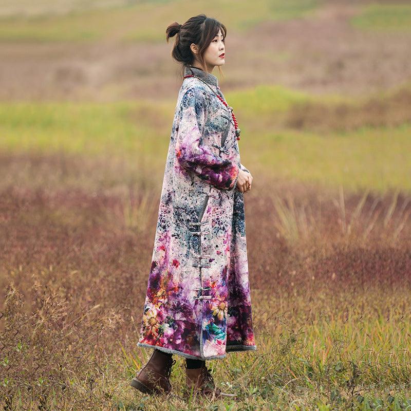 Ethnic Printed Velvet Lined Winter Robe and Maxi Dress-Women's coat-Thebesttailor-Thebesttailor