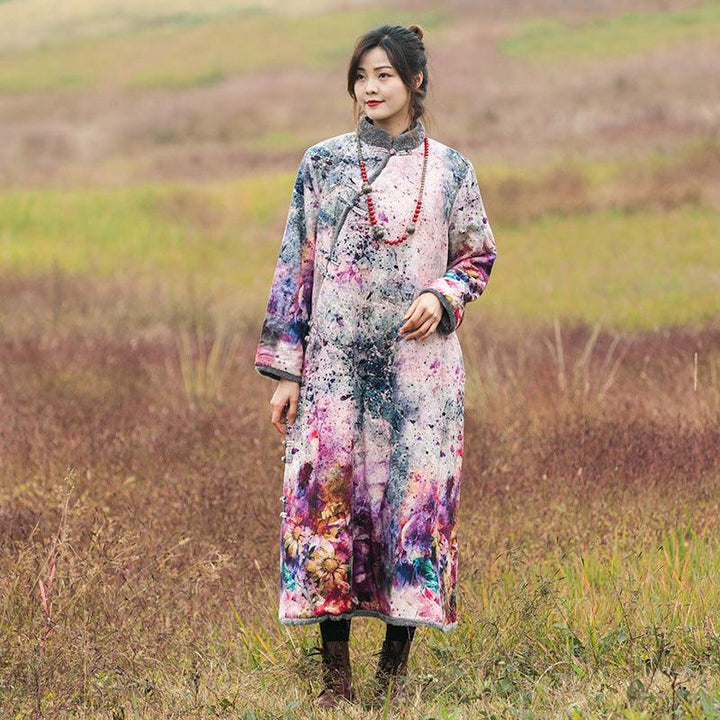 Ethnic Printed Velvet Lined Winter Robe and Maxi Dress-Women's coat-Thebesttailor-Thebesttailor
