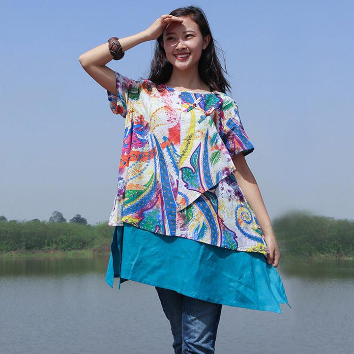Oversized Short Dress-Sleeve Cotton-Linen Blouse for Women-Women's Shirt-Thebesttailor-One size-Blue-Linen-Thebesttailor