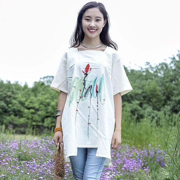 Elegant White Cotton-Linen Short Sleeve Blouse for Women-Women's coat-Thebesttailor-One size-White-Linen-Thebesttailor