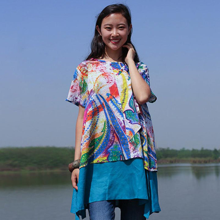 Oversized Short Dress-Sleeve Cotton-Linen Blouse for Women-Women's Shirt-Thebesttailor-Thebesttailor