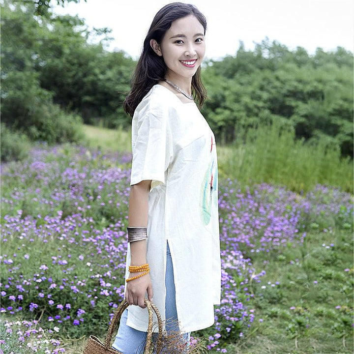 Elegant White Cotton-Linen Short Sleeve Blouse for Women-Women's coat-Thebesttailor-Thebesttailor