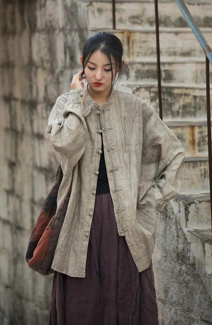 Vintage Spring Linen Women's Stand Collar Cardigan-Women's Shirt-Thebesttailor-Thebesttailor