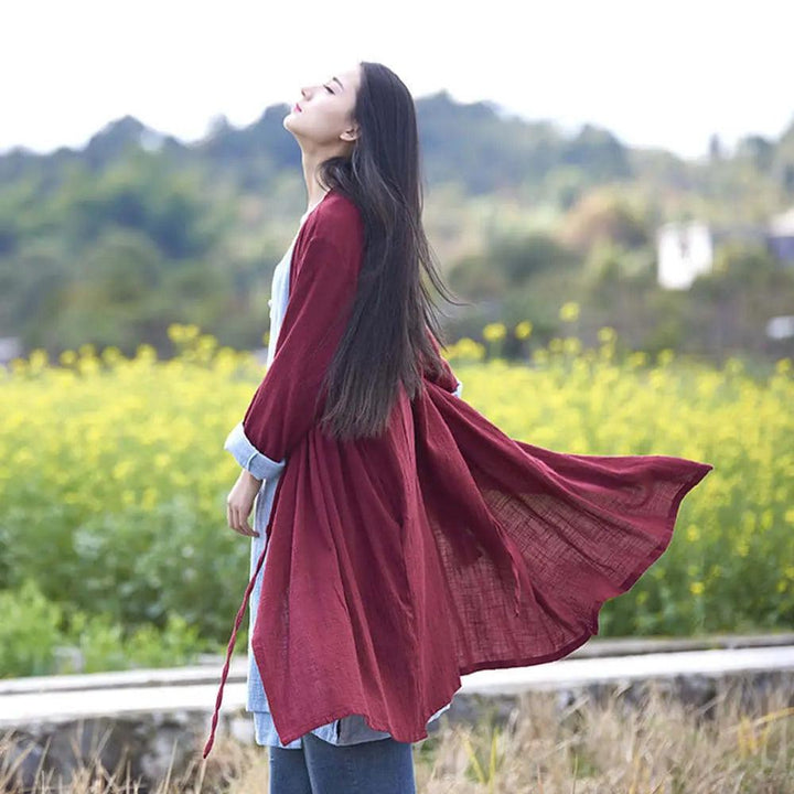 Red Linen Vintage Loose Blouse with Sand Wash Finish-Women's Shirt-Thebesttailor-One size-Red-Thebesttailor