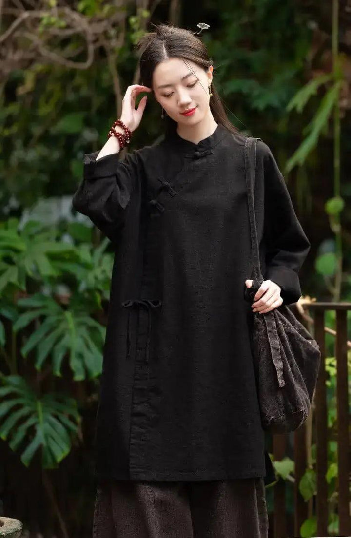 Shirt dress for women Linen Vintage top and Robe Dress-Women's dress-Thebesttailor-One size-Black-Linen-Thebesttailor