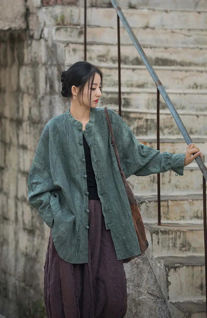 Vintage Spring Linen Women's Stand Collar Cardigan-Women's Shirt-Thebesttailor-Thebesttailor