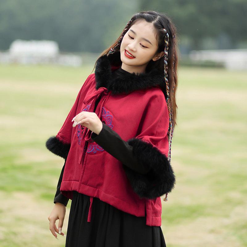 Vintage Embroidered Plush Hooded Cape Coat by Thebesttailor