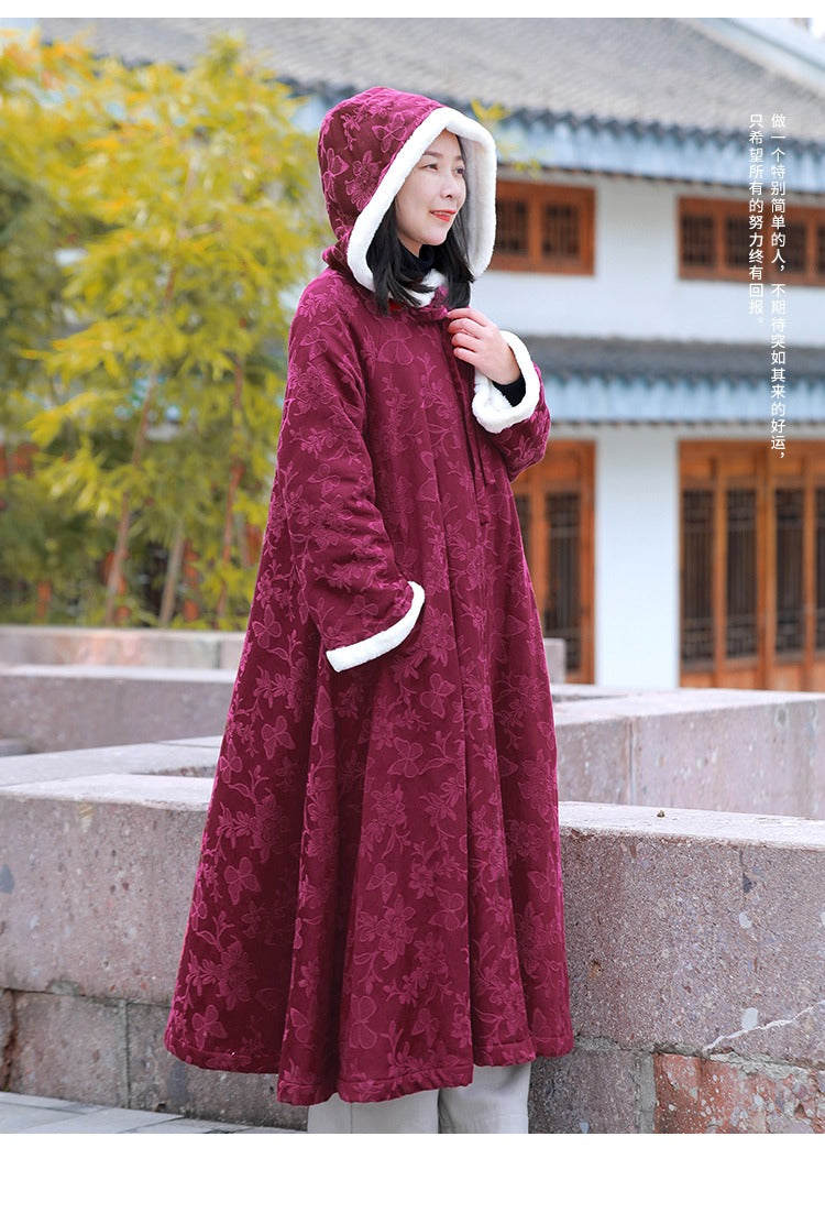 Chinese Style Winter Coat hooded cape coat womens