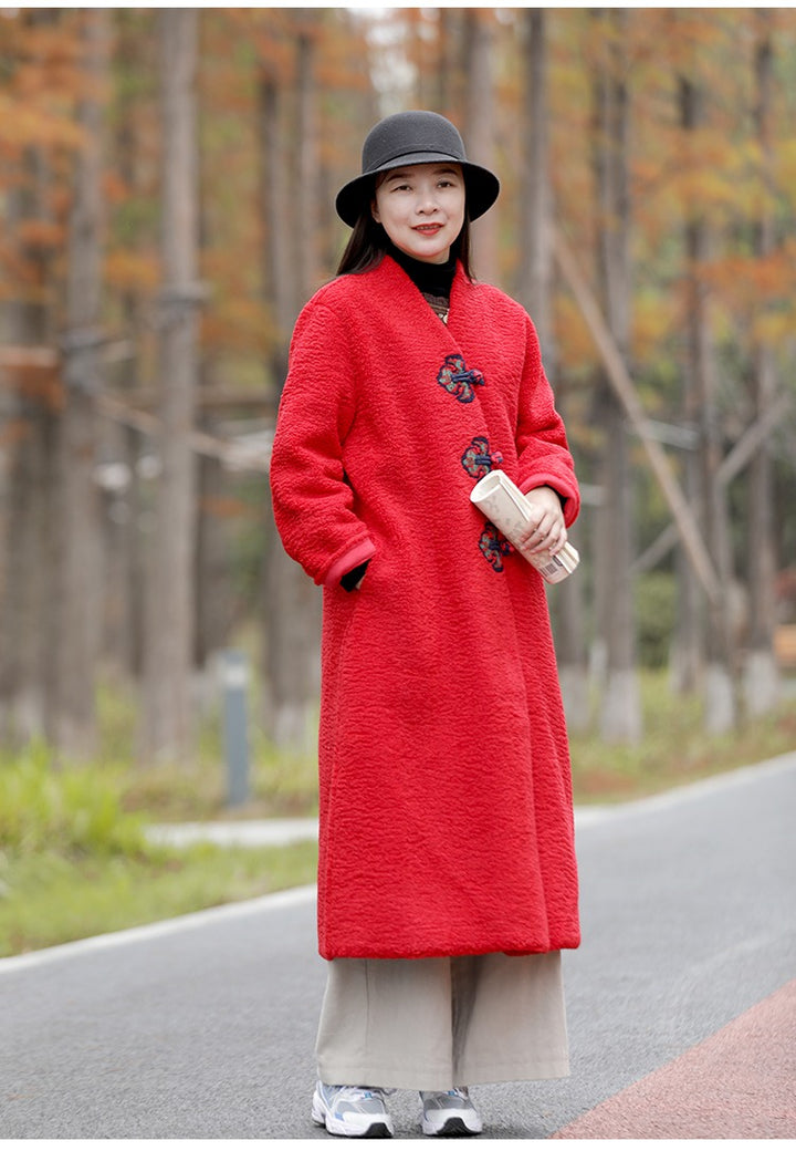 Chinese Lambswool Long Overcoat Cardigan in Beige and Red