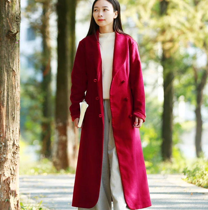 Winter Solid Color Wool Coat Lace Up Slim Fit With Belt