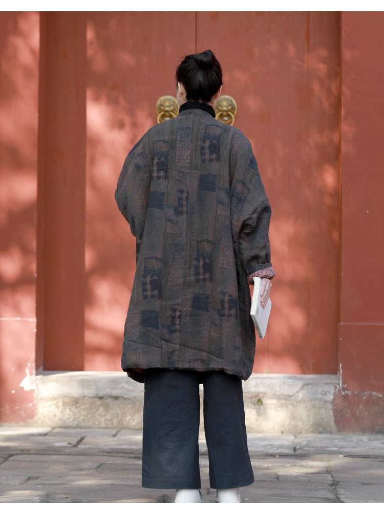 Loose Fit Winter Cardigan Quilted Linen Coat Brown Autumn