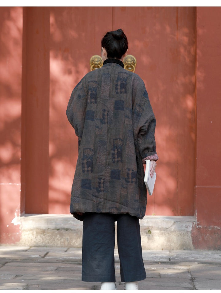 Loose Fit Winter Cardigan Quilted Linen Coat Brown Autumn