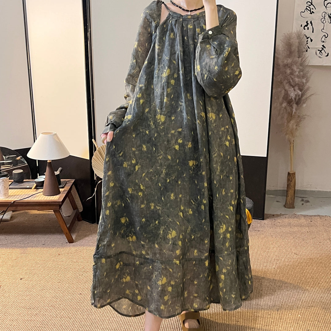 Casual Ramie Printed Long Sleeve Maxi Dress