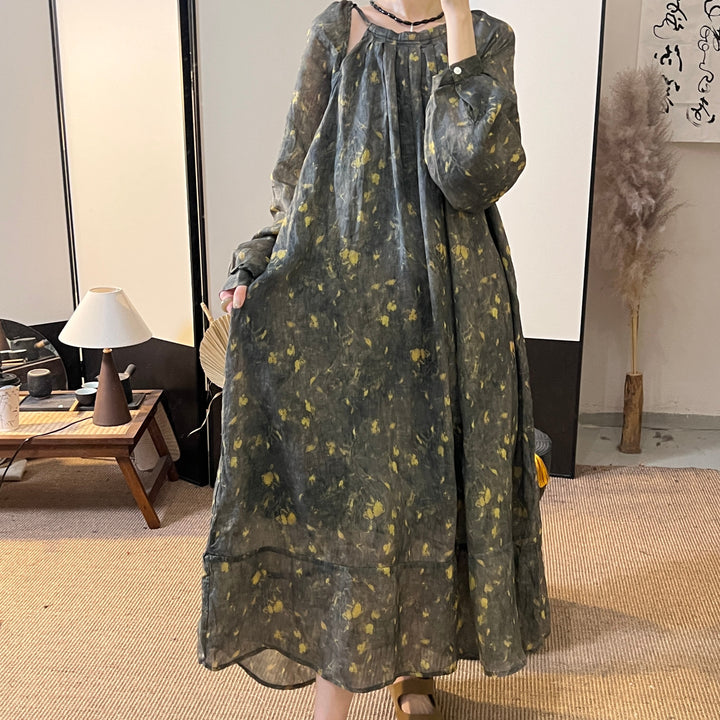Casual Ramie Printed Long Sleeve Maxi Dress