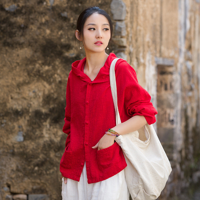 Women's Linen Sand-Washed Hooded Long-Sleeved Blouse