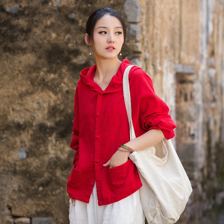 Women's Linen Sand-Washed Hooded Long-Sleeved Blouse