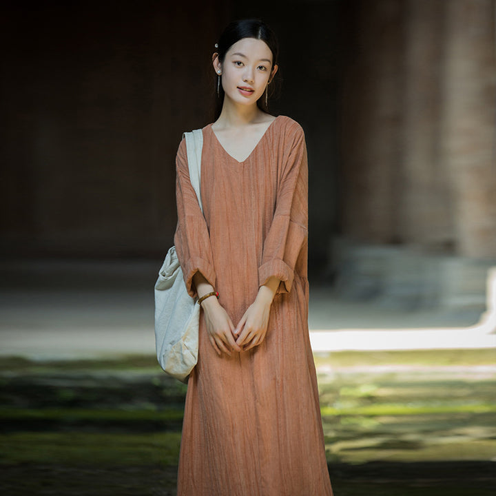 Summer Linen Tie-Dyed Fried Color V-Neck Dress for Women