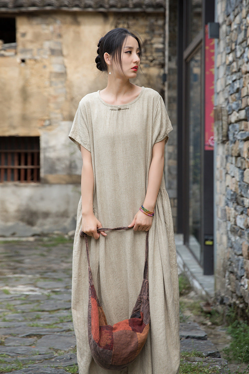 Women's Summer Linen Tie-Dye Short-Sleeved Dress for Comfort
