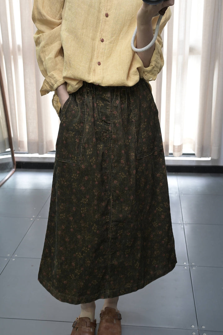 Floral cotton A-line midi skirt with elastic waist