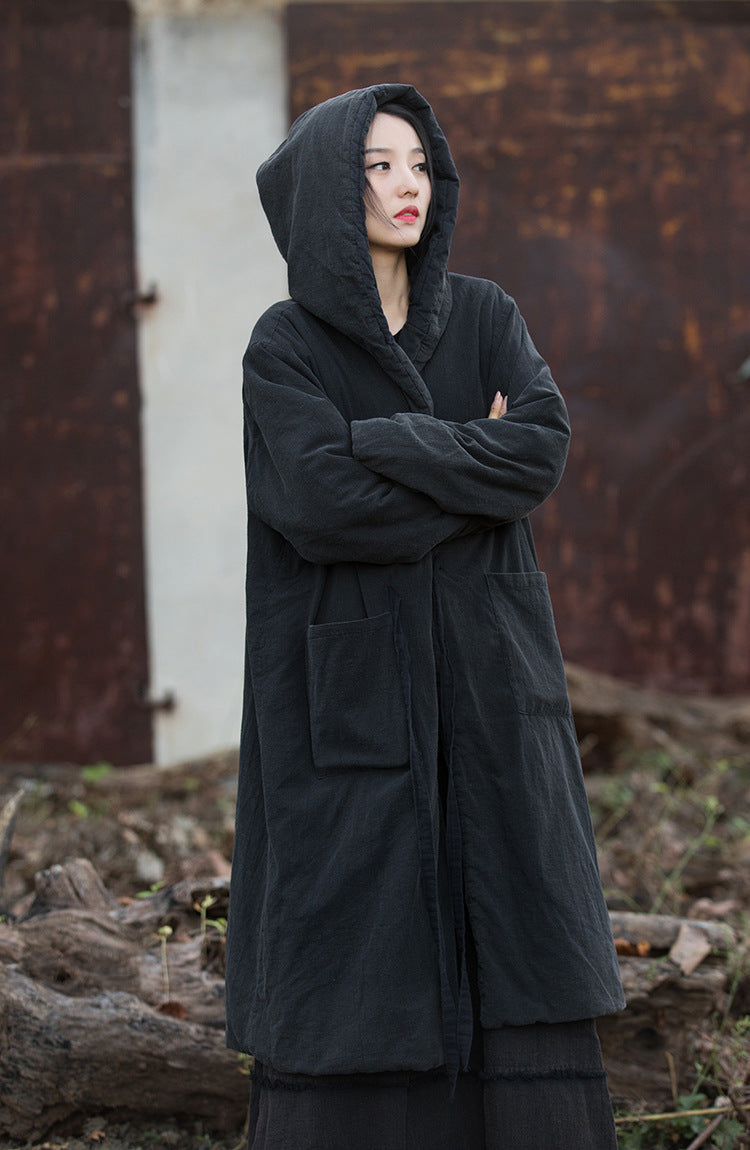 black quilted transitional women's coat maxi coat with hood