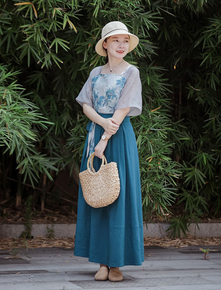 Chinese Linen Patchwork Floral Lace Up High Waist Maxi Dress