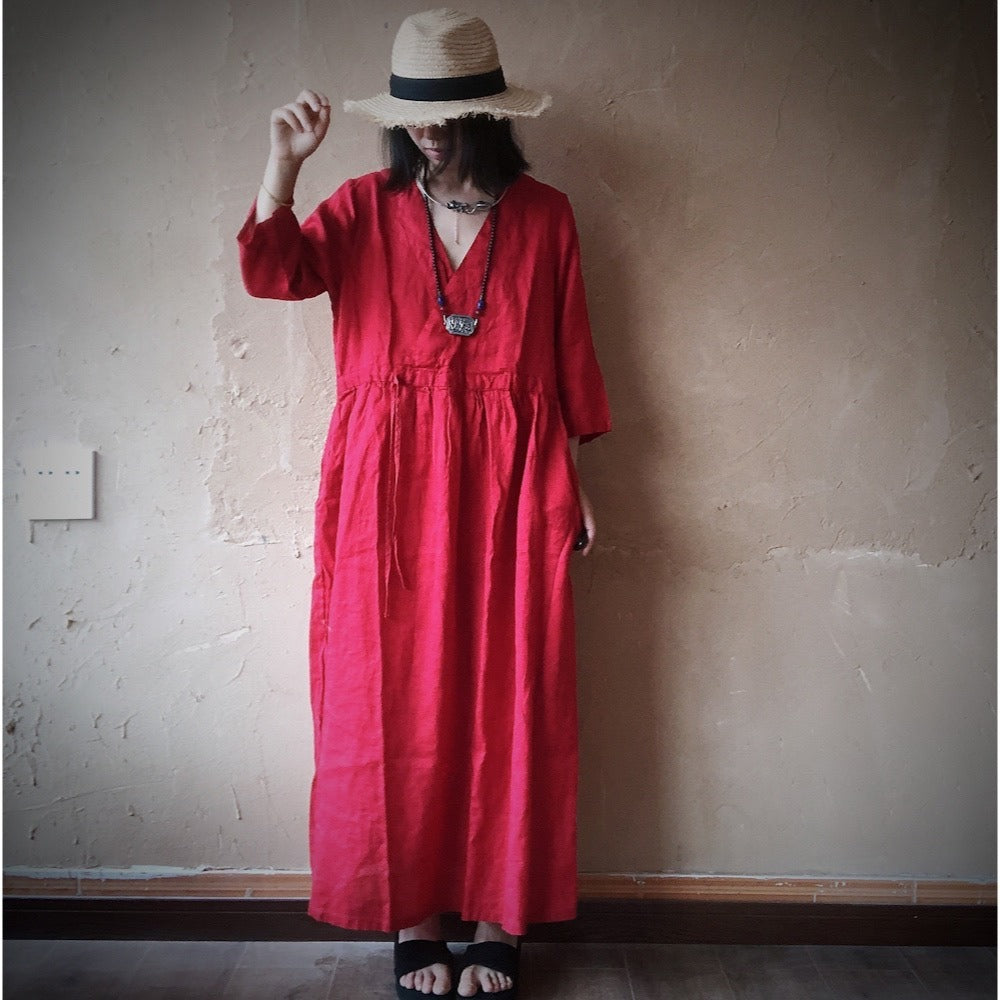 Summer Dark Blue V-Neck Linen Maxi Dress with Long Sleeves