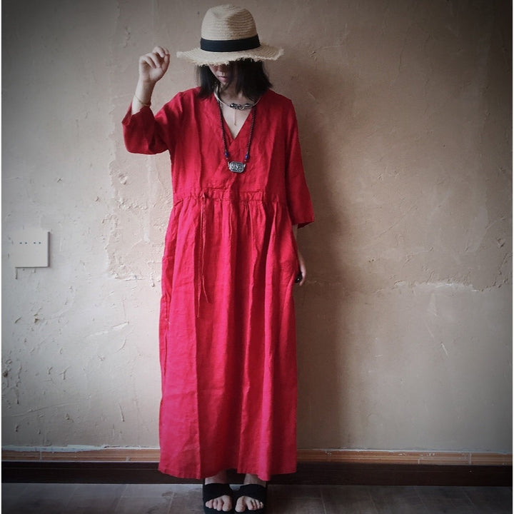 Summer Dark Blue V-Neck Linen Maxi Dress with Long Sleeves