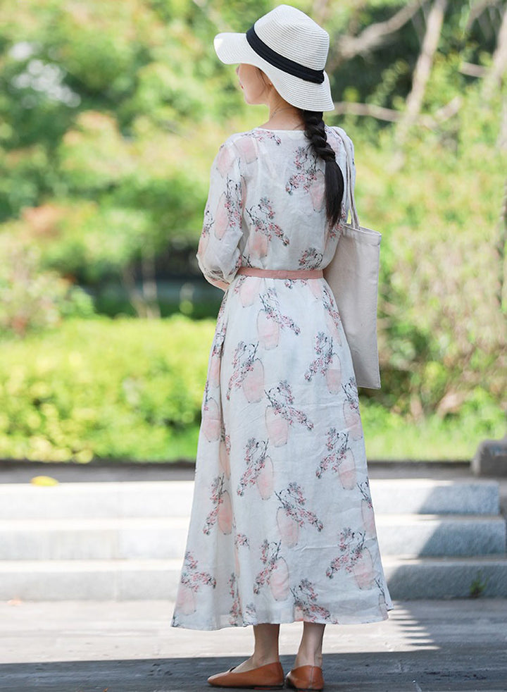 Linen Tie Drape Floral Dress With Pockets Long Sleeve