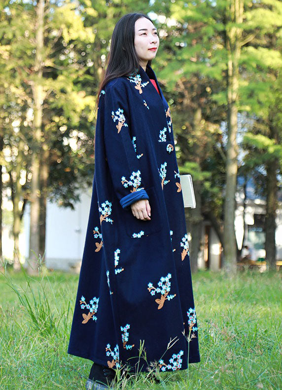 Womens Chinese Retro Floral Long Wool Coat Cardigan Style