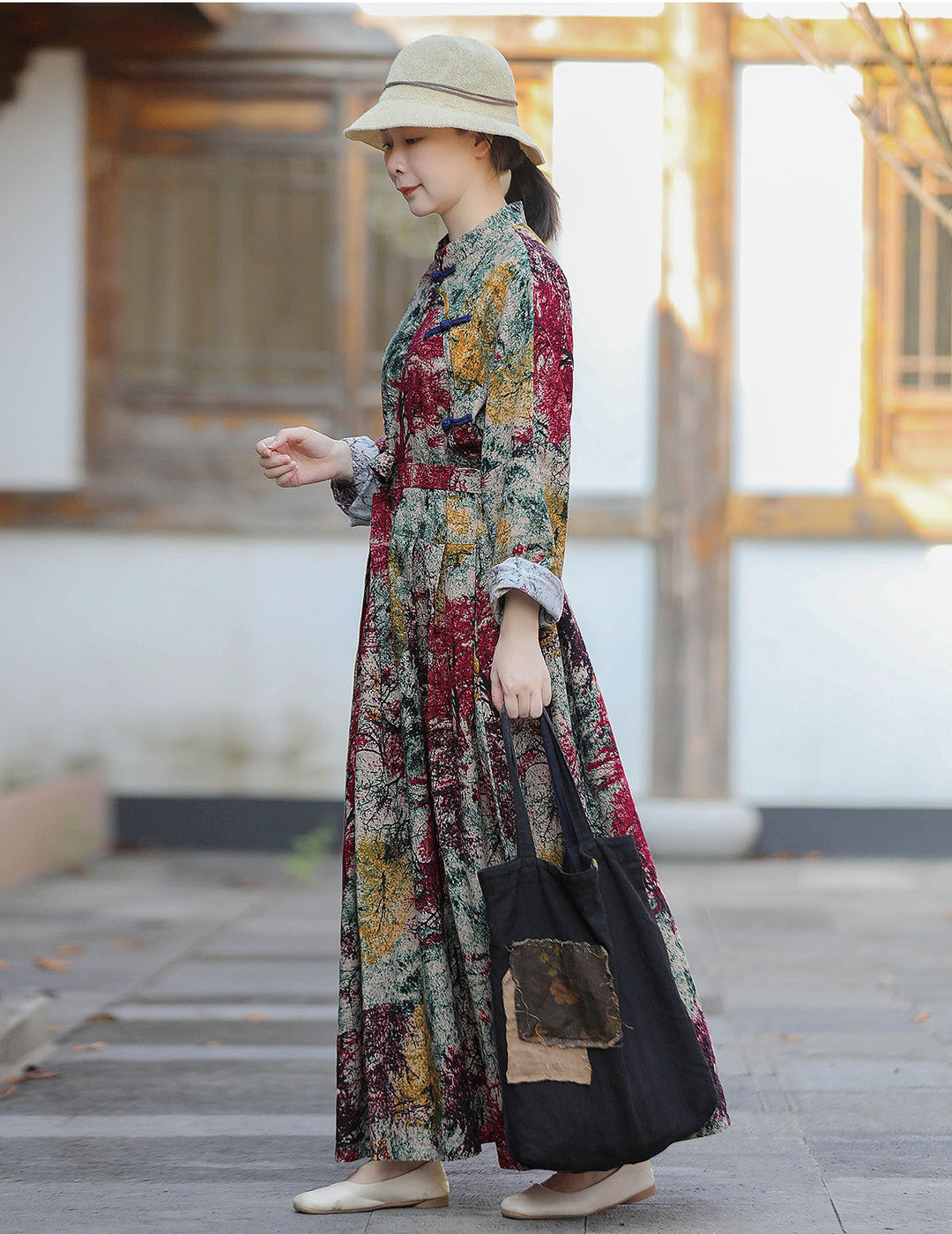 Chinese Style Retro Linen Floral Maxi Dress For Women