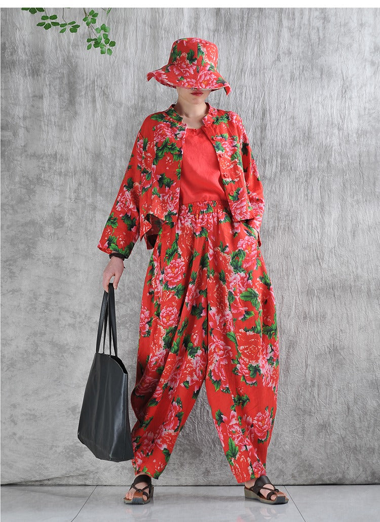 Summer Linen Short Peony Flower Top And Maxi Harem Pants by Thebesttailor