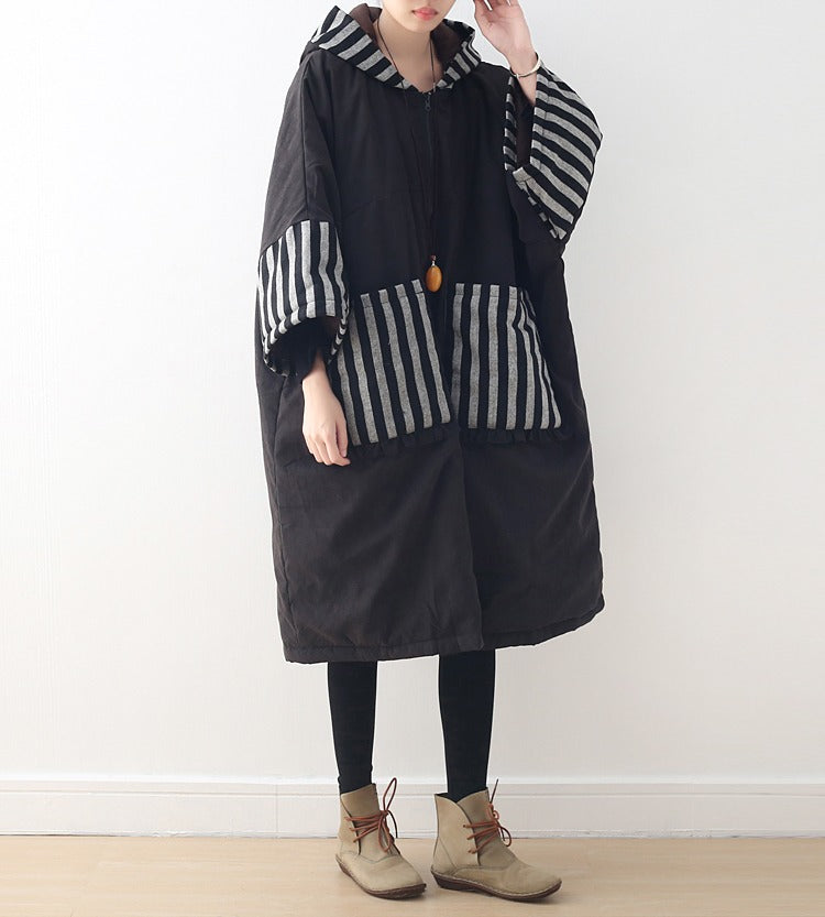 Vintage Zip-Up Cotton Hooded Coat with Long Sleeves and Padding
