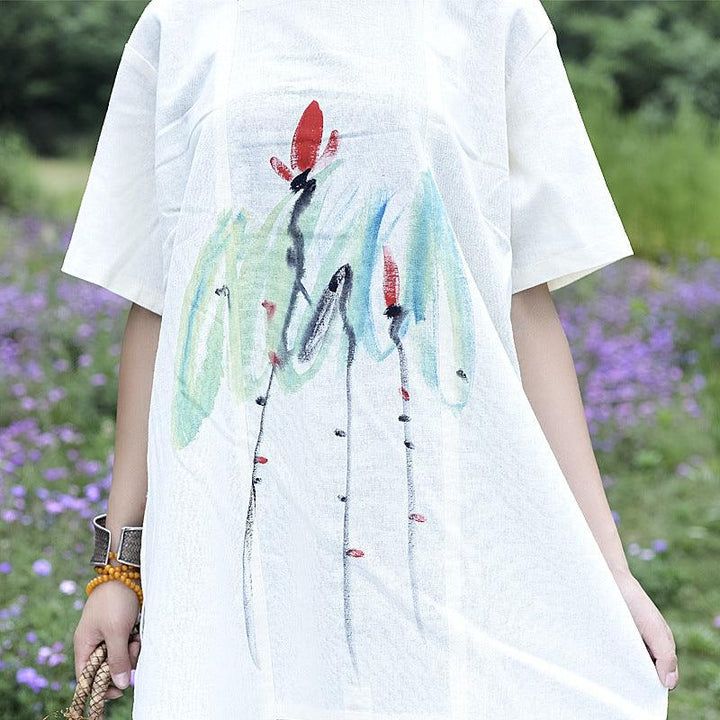 Elegant White Cotton-Linen Short Sleeve Blouse for Women-Women's coat-Thebesttailor-Thebesttailor