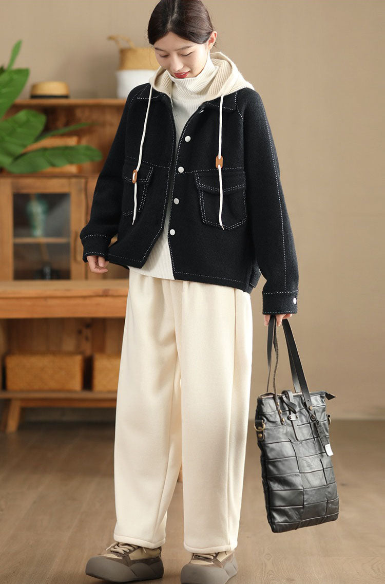 Casual short winter wool jacket with hood