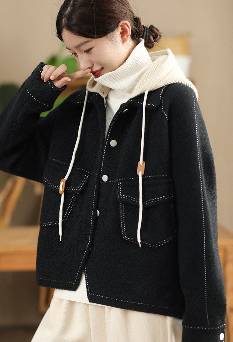 Casual short winter wool jacket with hood