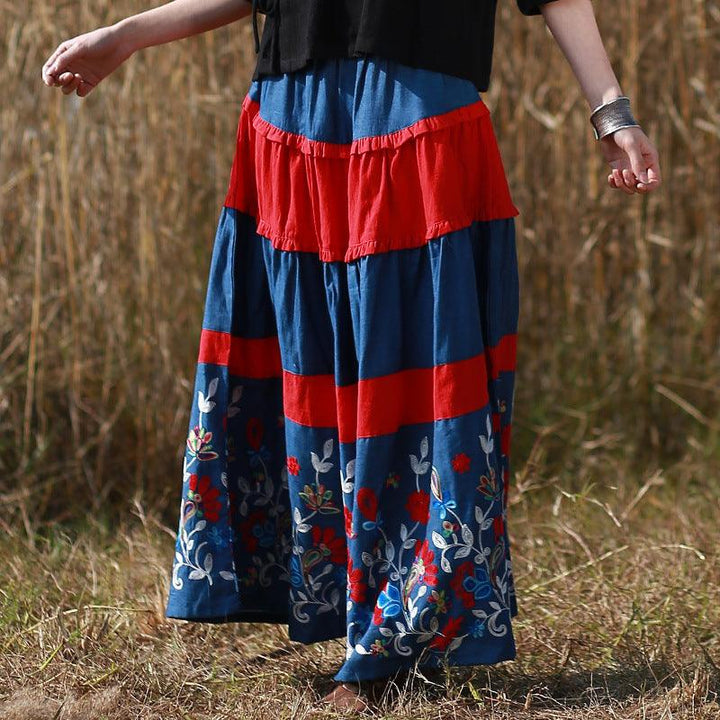 Bohemian Blue Floral Long A-line Skirt in Cotton/Linen-Women's Skirts-Thebesttailor-Thebesttailor