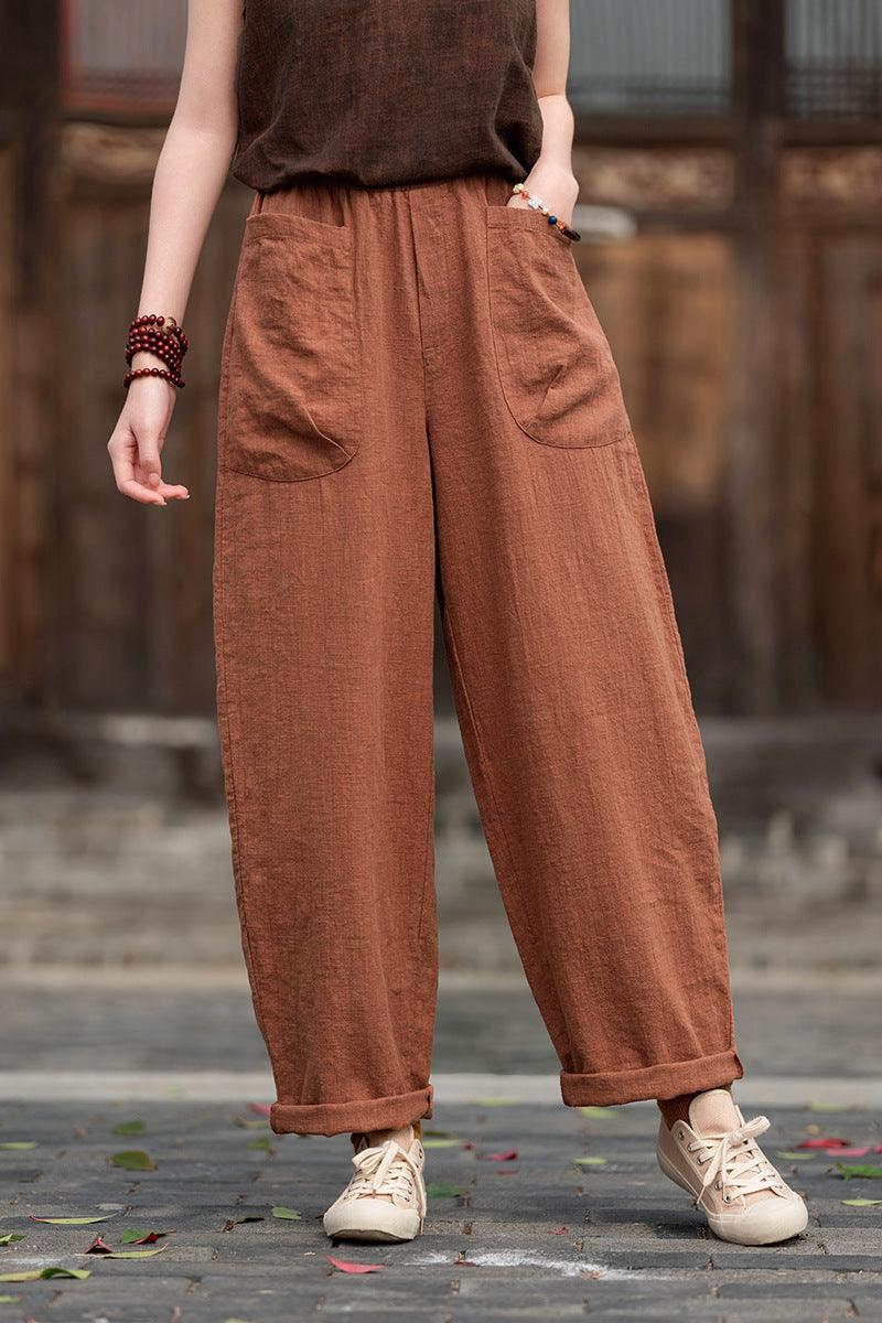 best ladies pull on trousers elasticated waist loose linen harem pants Thebesttailor
