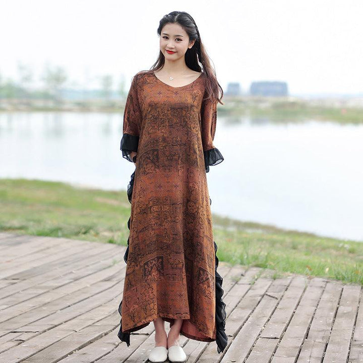 Retro Brown Cotton Bat Sleeve Maxi Dress for Women-Women's dress-Thebesttailor-One size-Bronze-Cotton-Thebesttailor