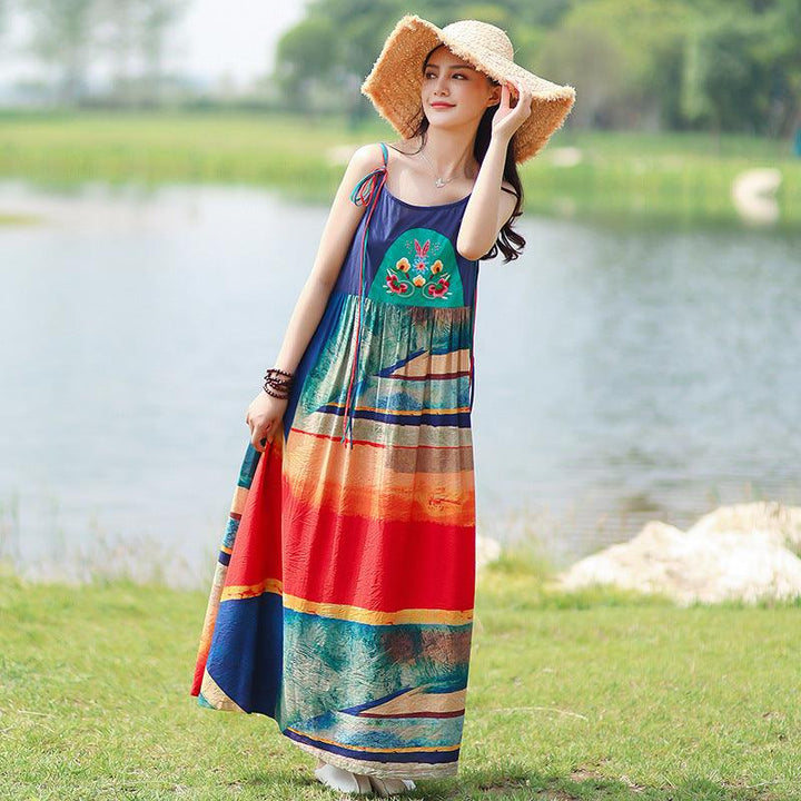 Bohemian Embroidered Sling Maxi Dress for Casual Beach Wear-Women's dress-Thebesttailor-Thebesttailor