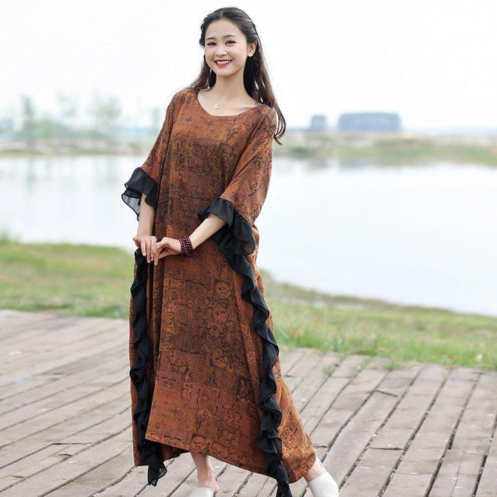 Retro Brown Cotton Bat Sleeve Maxi Dress for Women-Women's dress-Thebesttailor-Thebesttailor