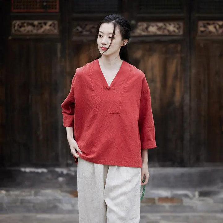linen shirts women summer tops womens blouses 3 4 sleeve tops-Women's Shirt-Thebesttailor-One size-Red-Linen-Thebesttailor