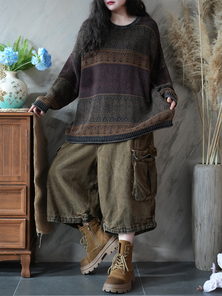 Cotton Oversized Striped Knitted Sweater for Women