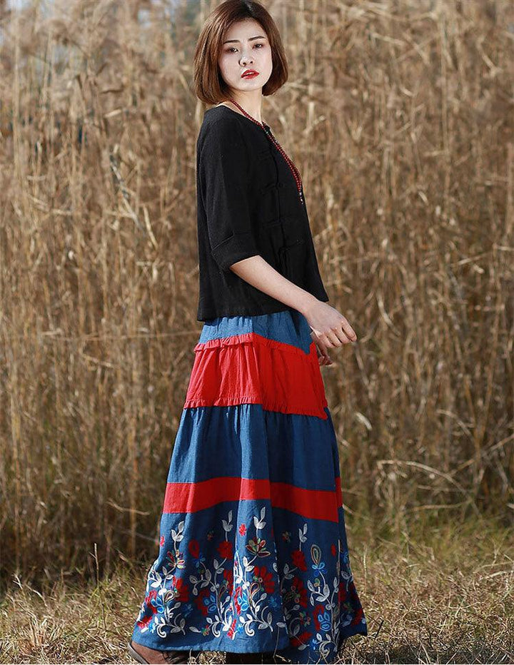Bohemian Blue Floral Long A-line Skirt in Cotton/Linen-Women's Skirts-Thebesttailor-Thebesttailor