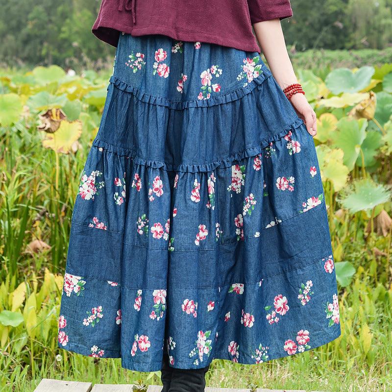 Bohemian Chic Long Denim Skirt for Free-Spirited Women by Thebesttailor